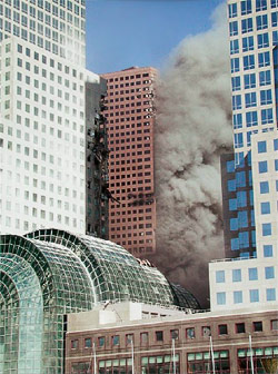 Figure 3. WTC 7 seen from the Southwest side, showing the
true extent of fire and structural damage